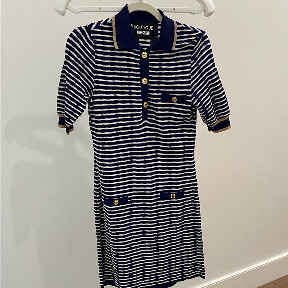 Moschino Navy and White Striped Top with Gold Accents